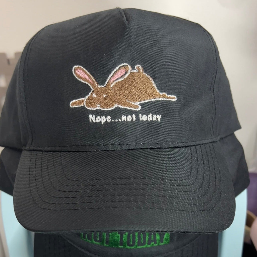 Black baseball cap with embroidered lazy bunny and Nope...Not Today text