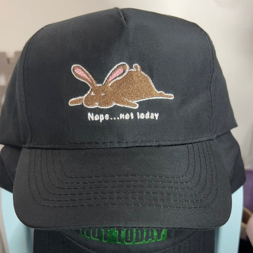 Black baseball cap with embroidered lazy bunny and Nope...Not Today text