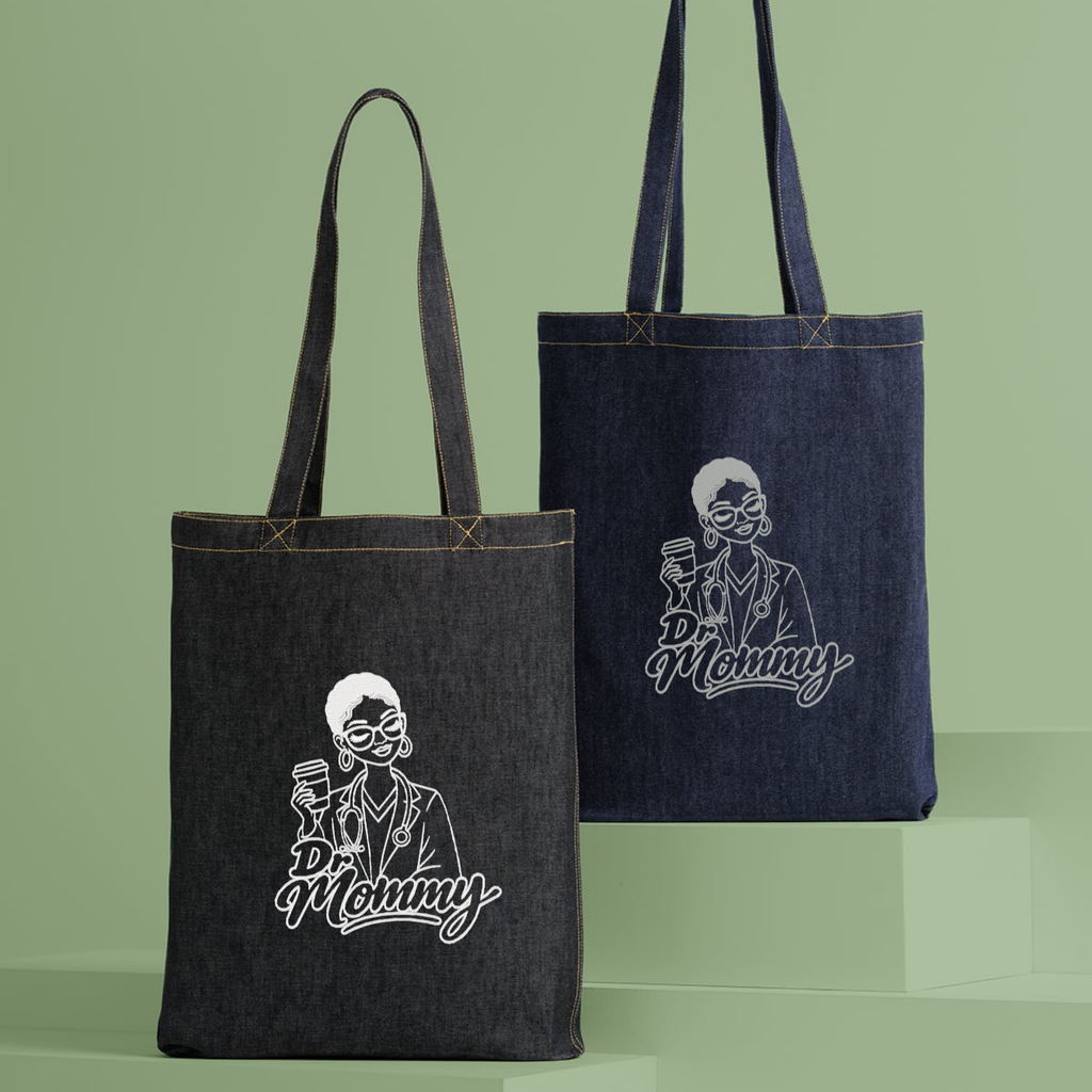 Dr. Mommy denim tote bags in black and navy with illustrated graphic