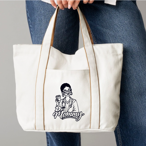 Dr Mommy Courtside Medium Tote Bag in cream canvas with Dr Mommy graphic